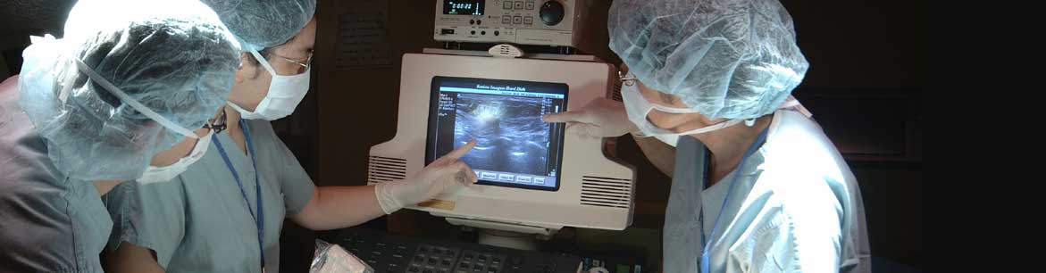 Three doctors in masks observing monitor.